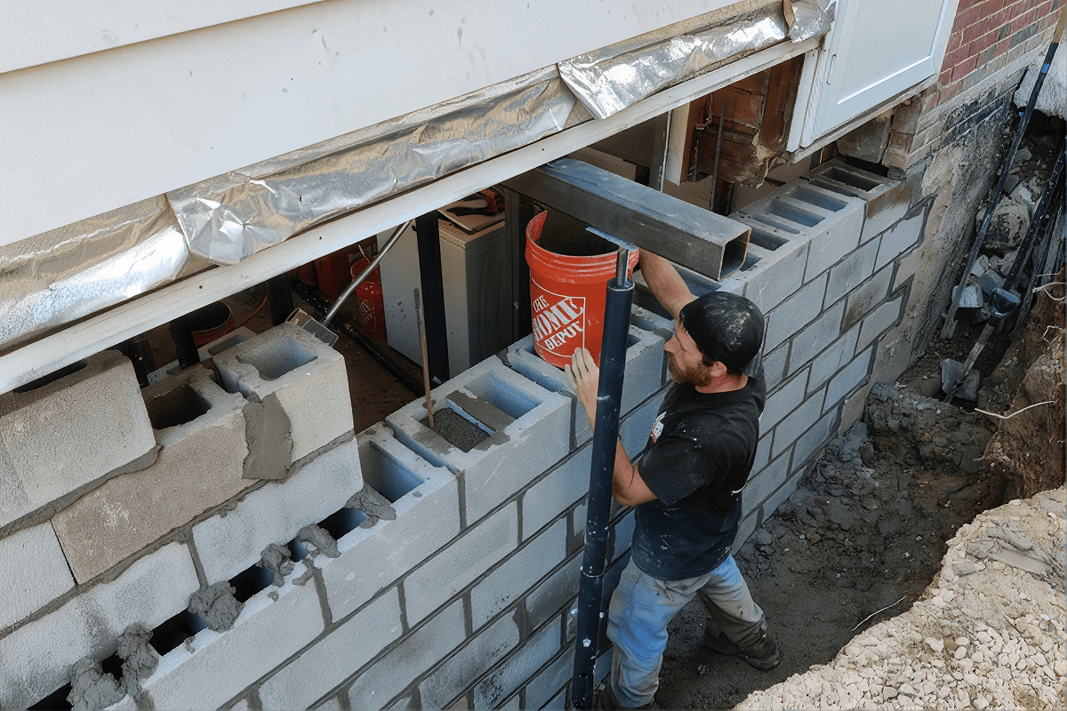 Worker installing basement window well with metal frame and drainage system during home foundation construction