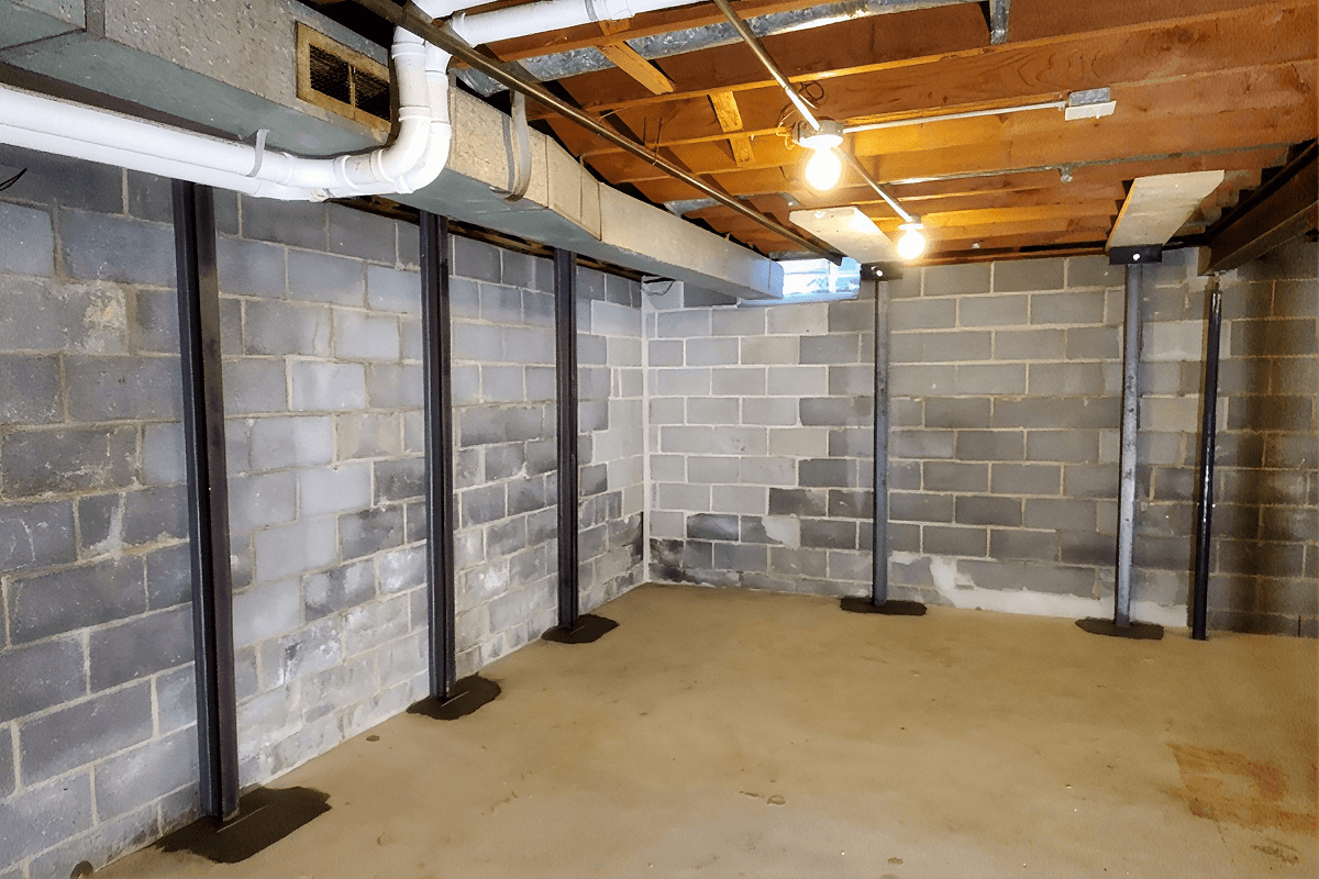 Basement with exposed brick walls, steel support posts with white panels, wooden ceiling joists, PVC pipes, and recessed lighting.